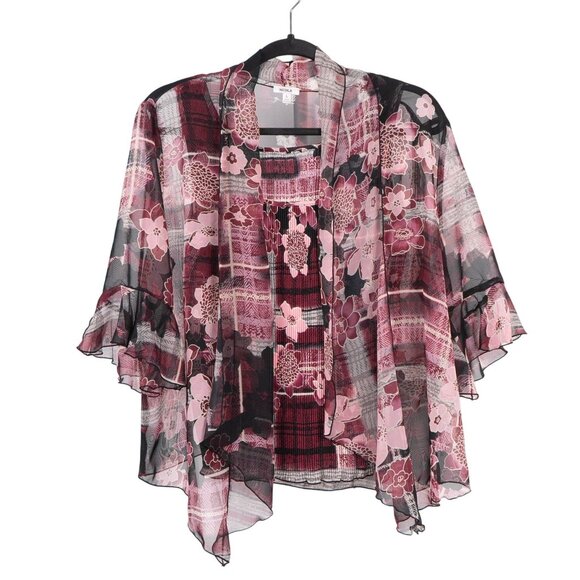Nicola Blouse Set Cardigan Pleated Tank Womens L Floral Sheer Pink Black Gray - Picture 1 of 7